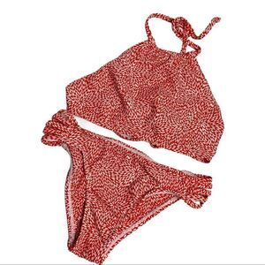 Jack's Red and White Geometric Floral Print High Neck Cross Tie Back Bikini Top